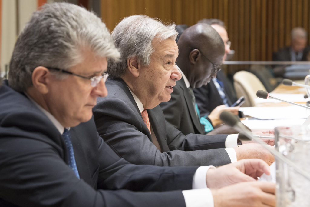Secretary-General António Guterres (second left) addresses the 2018 opening session of the General Assembly's Committee on the Exercise of the Inalienable Rights of the Palestinian People. UN Photo/Eskinder Debebe